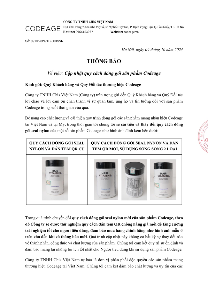 thông báo cập nhật quy cách đóng gói sản phẩm codeage 2024