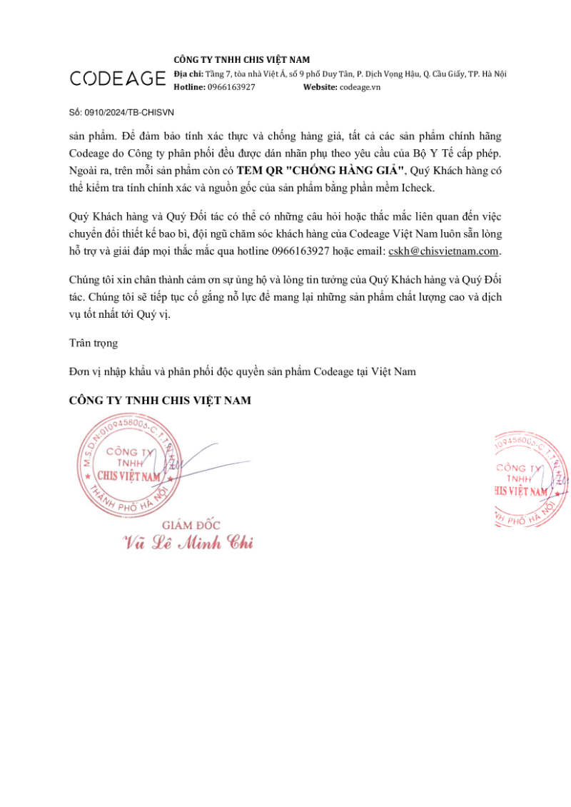 thông báo cập nhật quy cách đóng gói sản phẩm codeage 2024