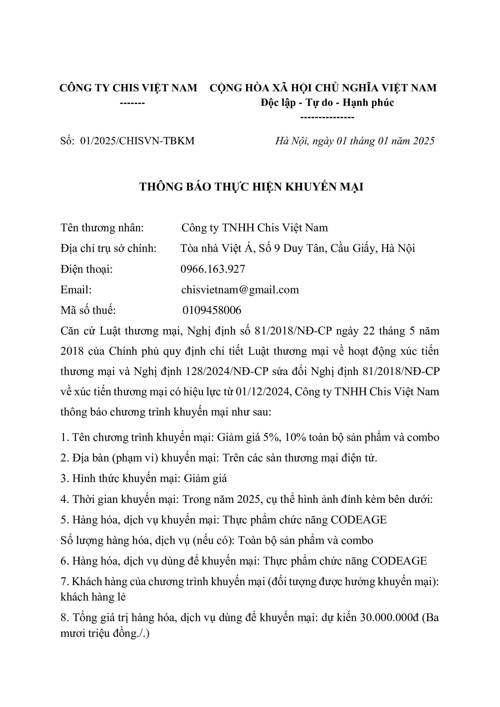 codeage thông báo thực hiện khuyến mại 01