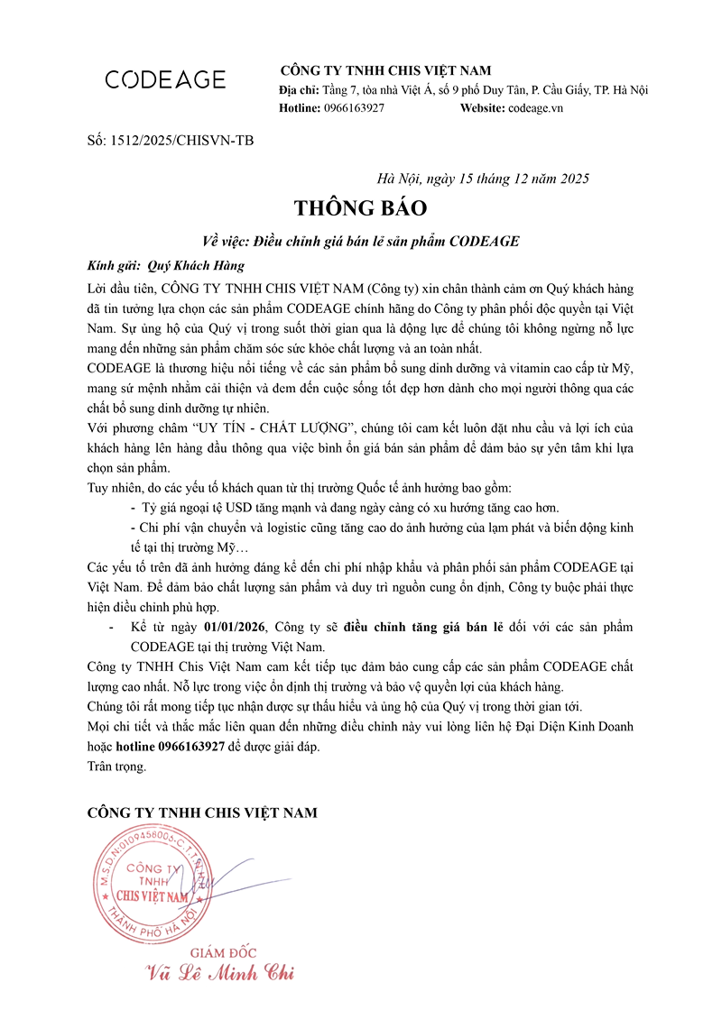 Thông Báo Điều Chỉnh Giá Bán Lẻ Sản Phẩm Codeage năm 2026 2 Văn bản thông báo điều chỉnh giá bán lẻ sản phẩm - 2026