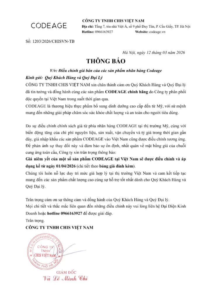 Văn bản thông báo điều chỉnh giá bán lẻ sản phẩm áp dụng từ 01/04/2026