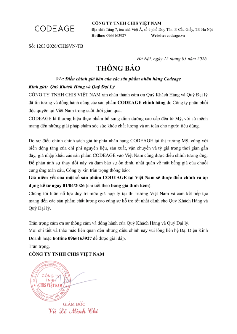 Văn bản thông báo điều chỉnh giá bán lẻ sản phẩm áp dụng từ 01/04/2026