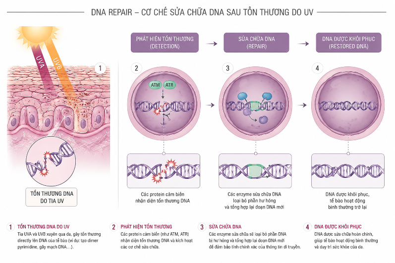 Hành trình nghiên cứu khoa học về chống nắng nội sinh 1 Sửa chữa ADN sau khi bị tia UV tổn thương