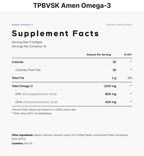 Thông tin dinh dưỡng (Supplement Facts) TPBVSK Amen Omega-3 Codeage