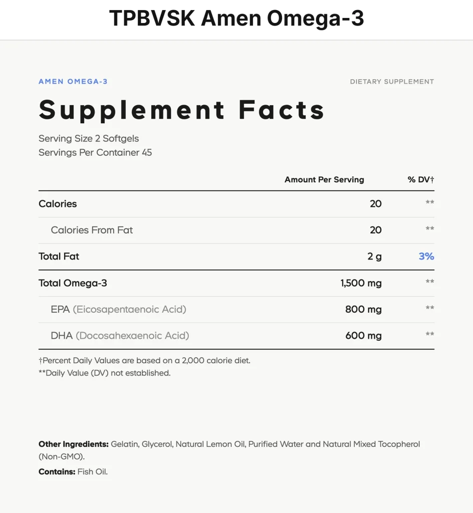 Thông tin dinh dưỡng (Supplement Facts) TPBVSK Amen Omega-3 Codeage