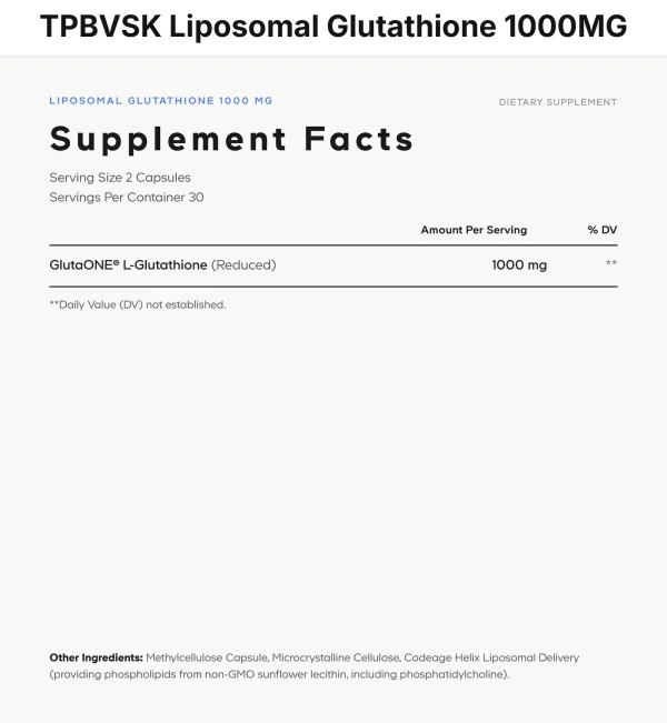 Thông tin dinh dưỡng (Supplement Facts) TPBVSK Liposomal Glutathione 1000MG Codeage