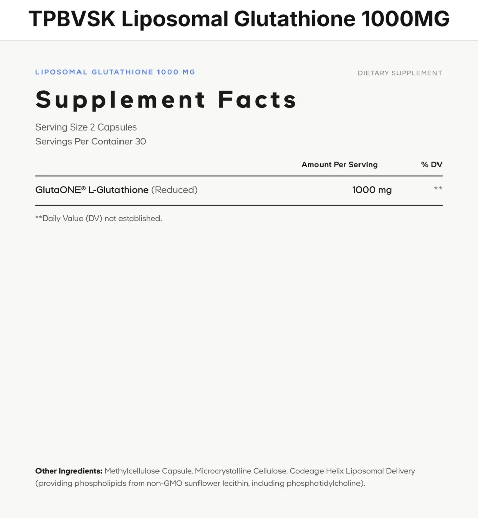 Thông tin dinh dưỡng (Supplement Facts) TPBVSK Liposomal Glutathione 1000MG Codeage