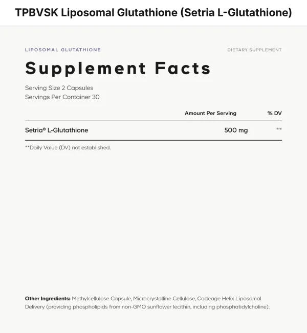 Thông tin dinh dưỡng (Supplement Facts) TPBVSK Liposomal Glutathione (Setria L-Glutathione) Codeage
