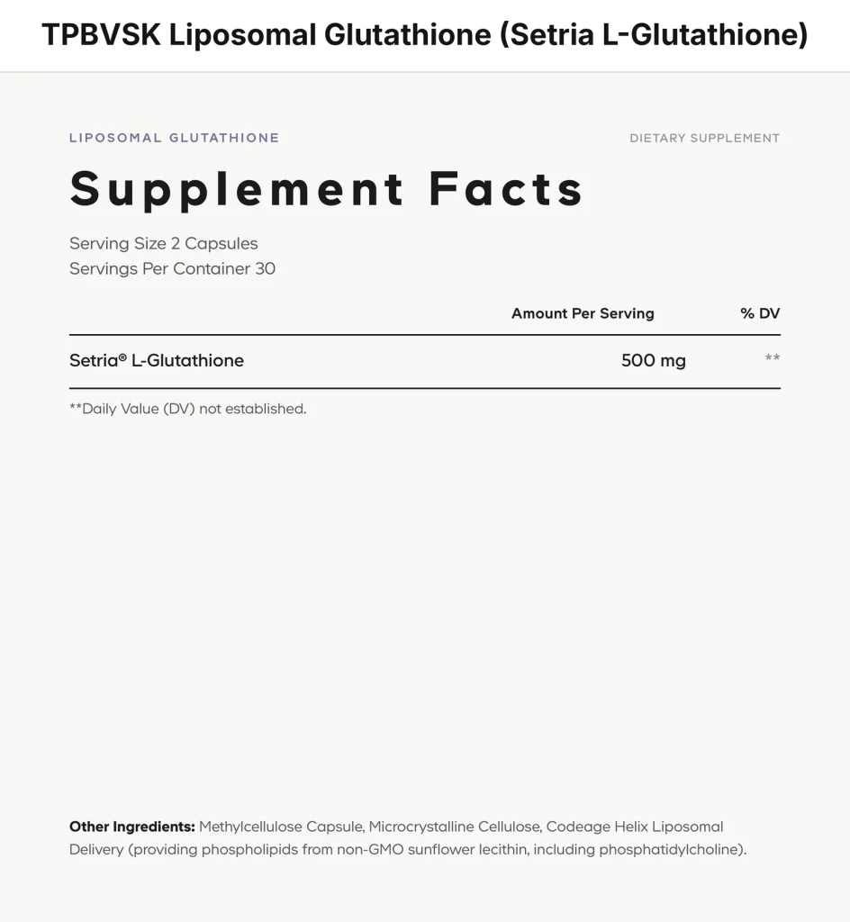 Thông tin dinh dưỡng (Supplement Facts) TPBVSK Liposomal Glutathione (Setria L-Glutathione) Codeage