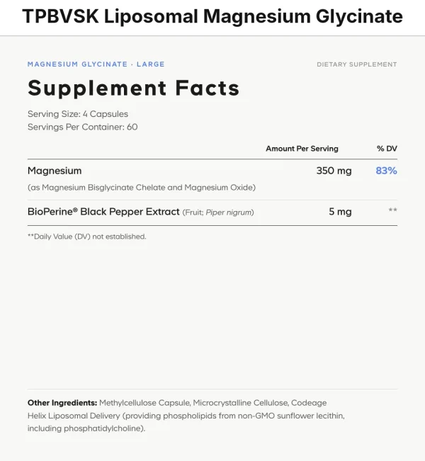 Thông tin dinh dưỡng (Supplement Facts) TPBVSK Liposomal Magnesium Glycinate Codeage