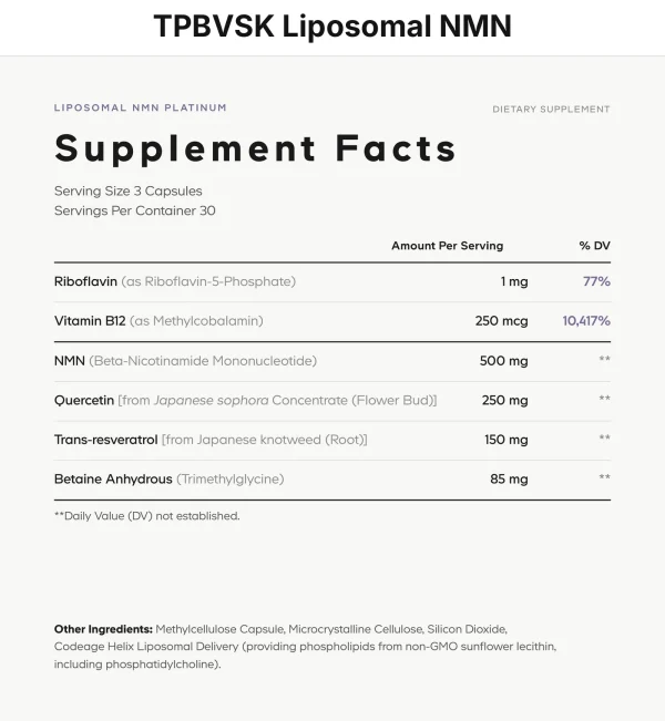 Thông tin dinh dưỡng (Supplement Facts) TPBVSK Liposomal NMN Codeage