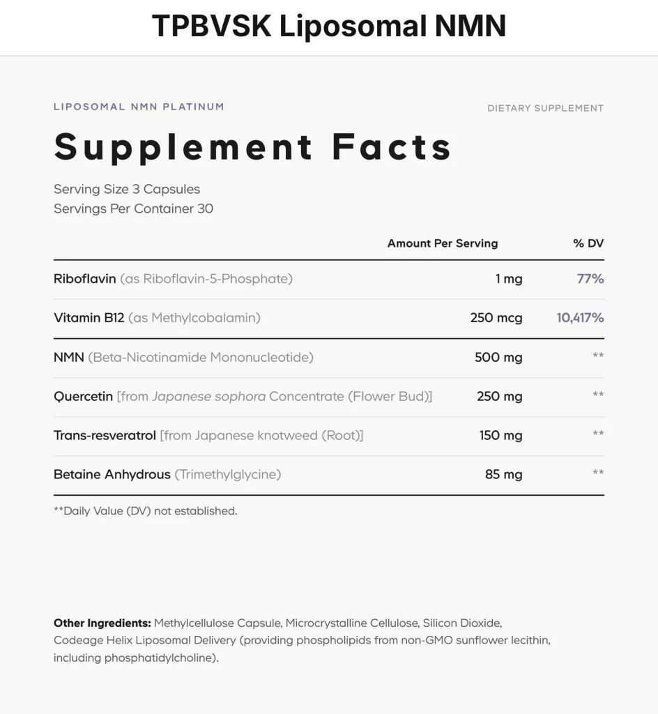 Thông tin dinh dưỡng (Supplement Facts) TPBVSK Liposomal NMN Codeage