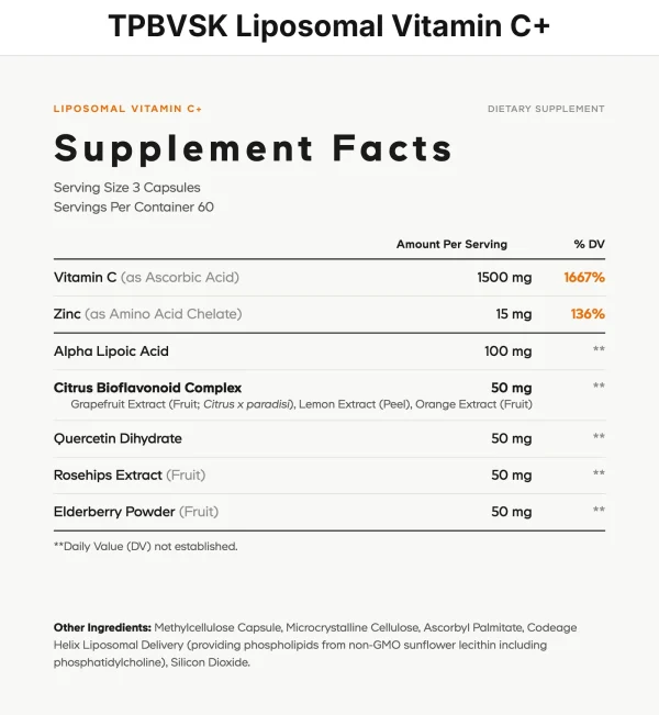 Thông tin dinh dưỡng (Supplement Facts) TPBVSK Liposomal Vitamin C+ Codeage