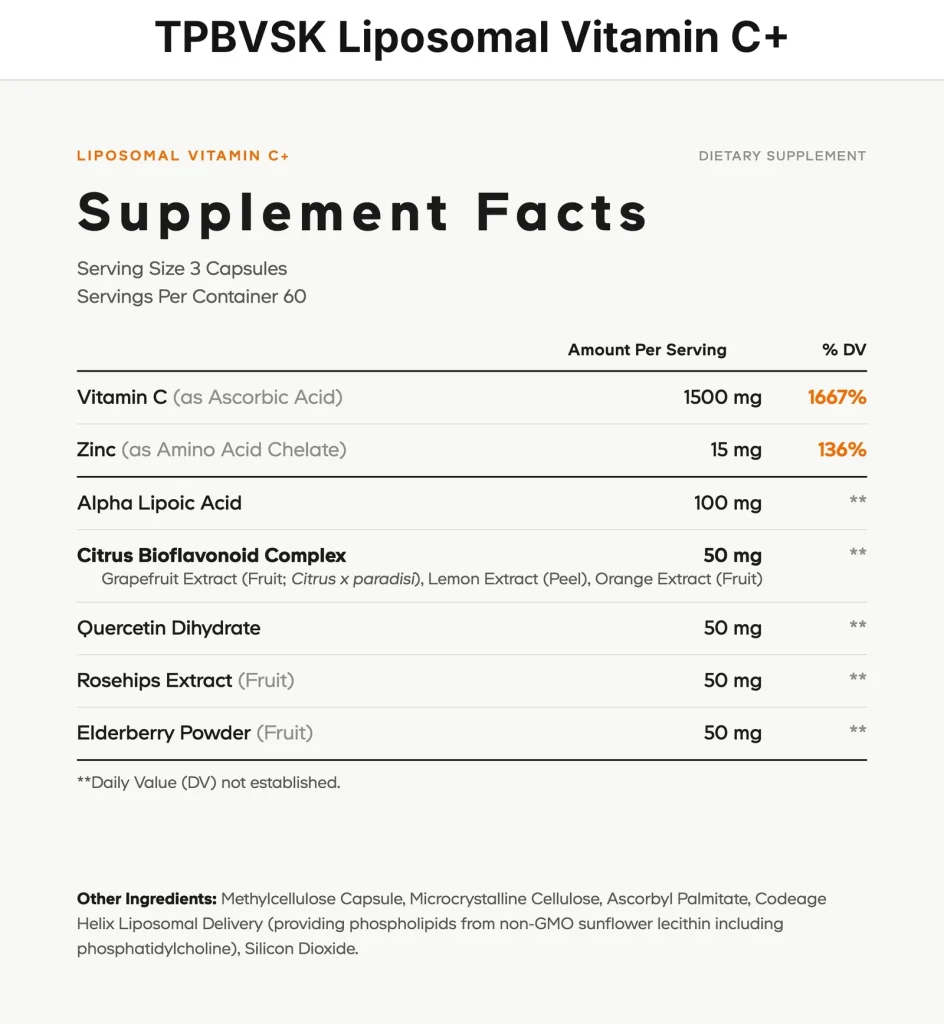 Thông tin dinh dưỡng (Supplement Facts) TPBVSK Liposomal Vitamin C+ Codeage