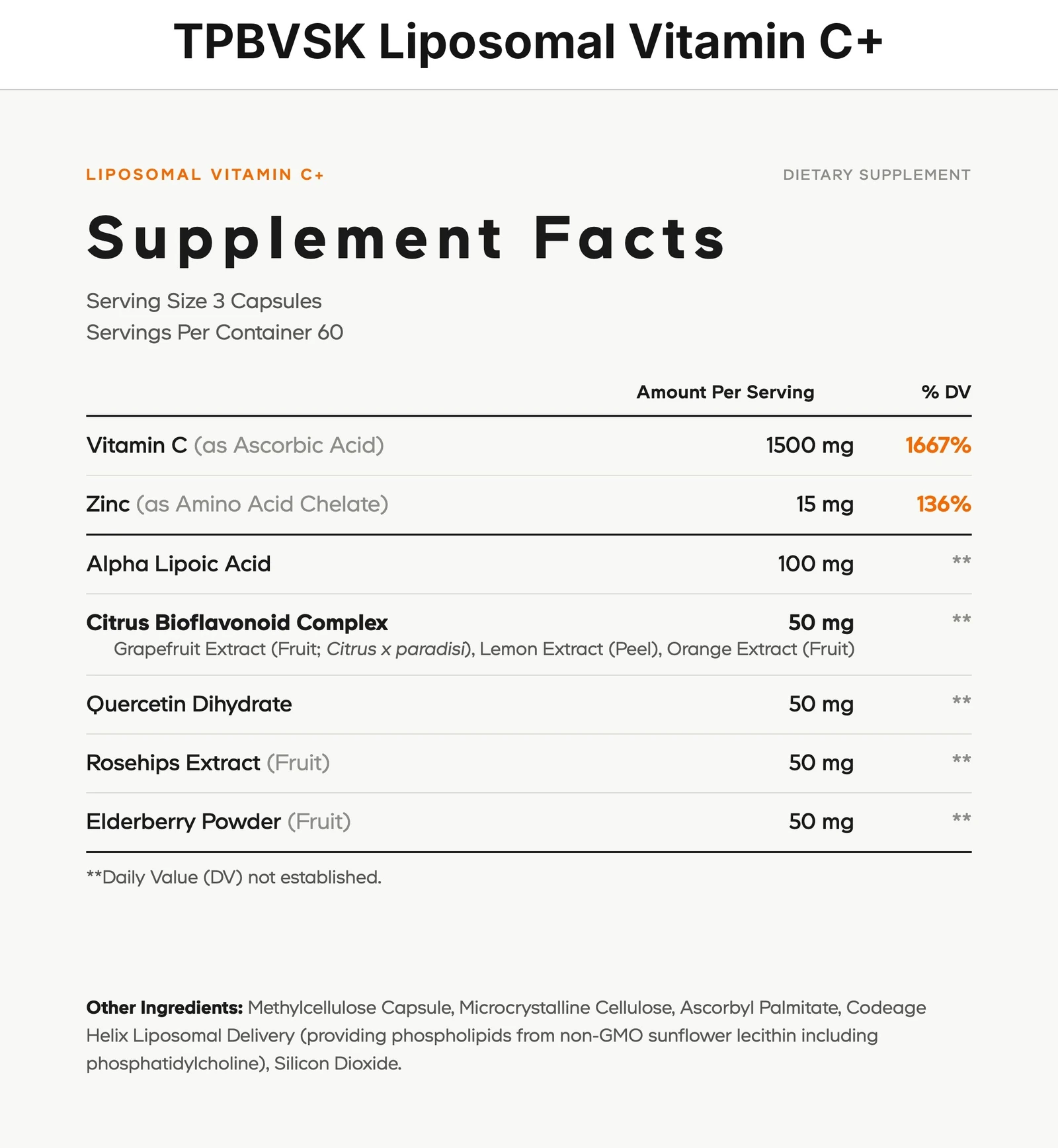 Thông tin dinh dưỡng (Supplement Facts) TPBVSK Liposomal Vitamin C+ Codeage