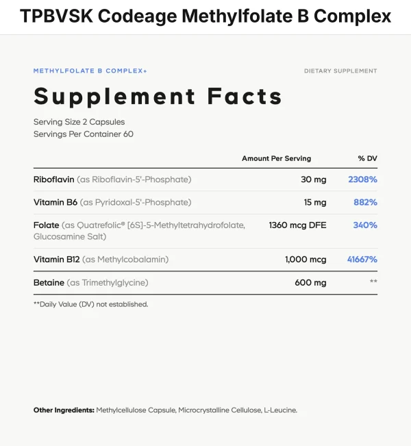 Thông tin dinh dưỡng (Supplement Facts) TPBVSK Codeage Methylfolate B Complex Codeage
