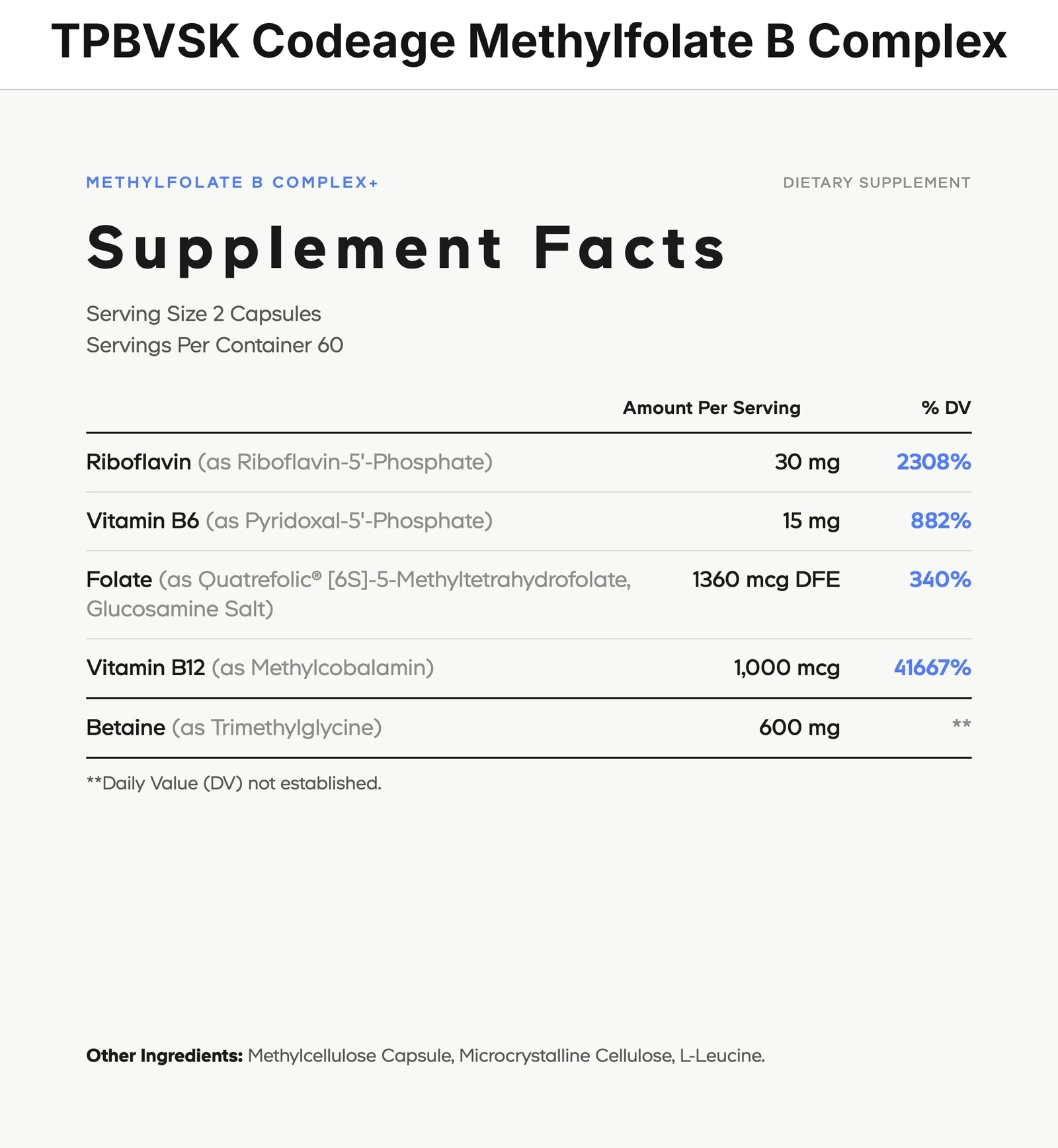 Thông tin dinh dưỡng (Supplement Facts) TPBVSK Codeage Methylfolate B Complex Codeage